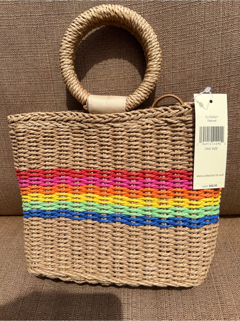 Natural Woven Rainbow Stripe Tote Bag